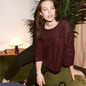 MADEWELL maroon Eyelet Tiered Button Back Top size medium